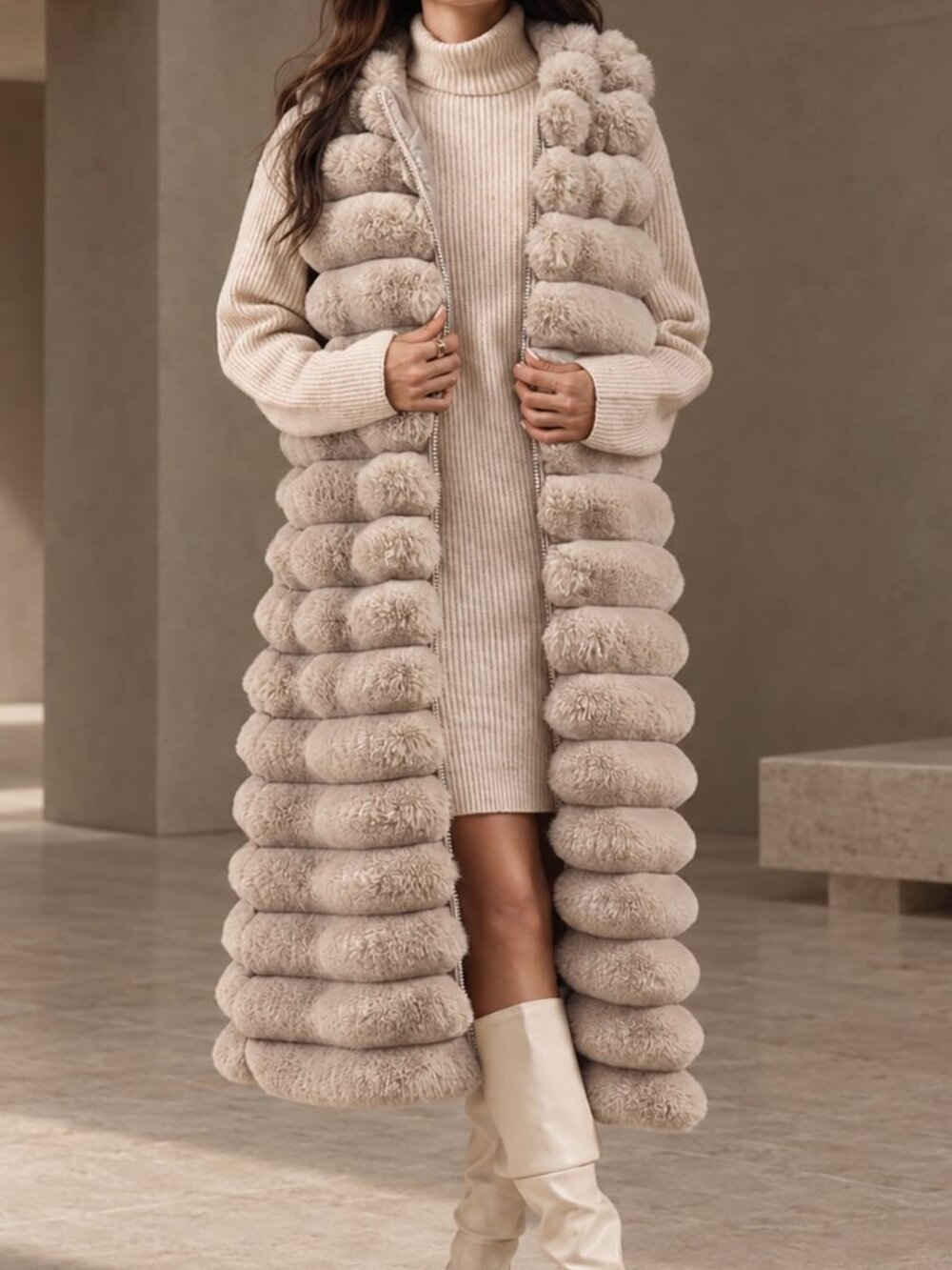Khaki Casual Women's Long Hooded Plush Vest Jacket